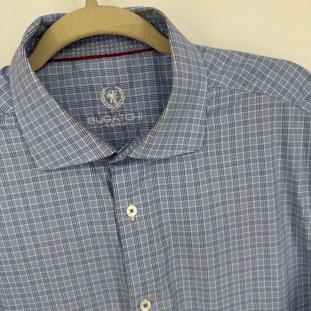 Bugatchi Uomo‎ Mens Dress Shirt Blue Plaid Button Down Long Sleeve Size 17